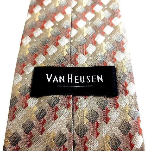Van Heusen Brown Tan Red Woven Geometric Stain Resistant Silk Tie - Picture 3 of 7